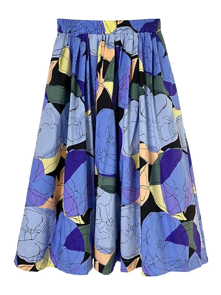 Italian Women's Elastic Waist Floral Print Pleated A-Line Skirt