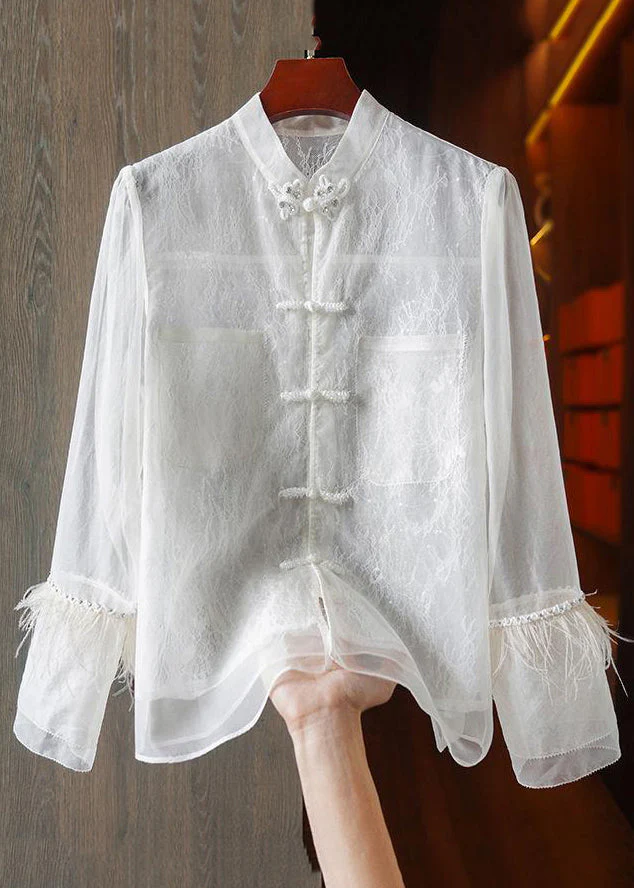 Chinese Style White Feather Lace Patchwork Long Sleeve Top