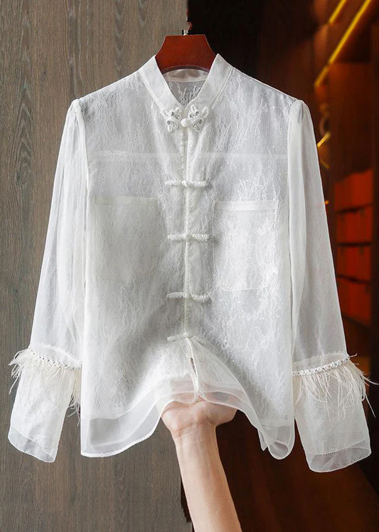Chinese Style White Feather Lace Patchwork Long Sleeve Top