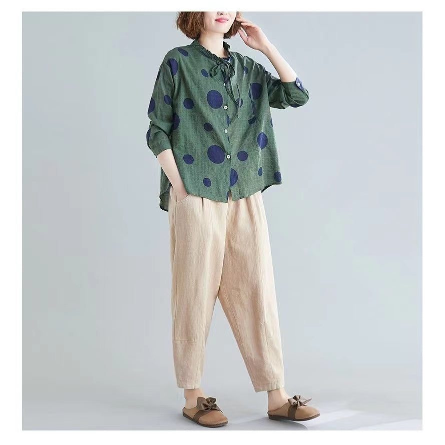 Casual Literary Linen Ruffle Neck Shirt Top
