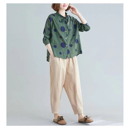 Casual Literary Linen Ruffle Neck Shirt Top