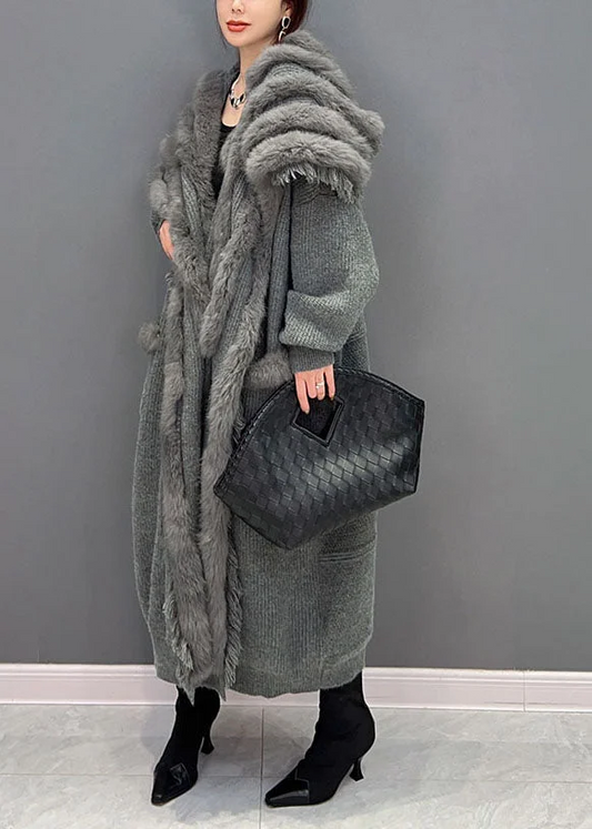 Plus Size Women's Big Patchwork Mink Wool Knit Loose Cardigan