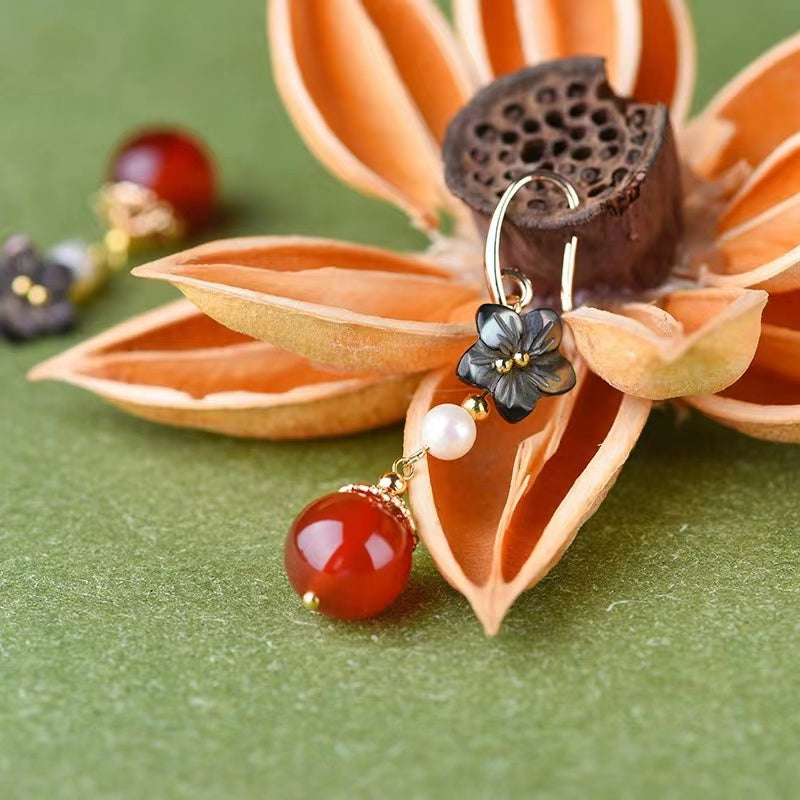 Vintage Onyx Pearl Flower Dangle Earrings