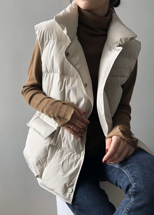 Women's White Button Drawstring Sleeveless Down Vest