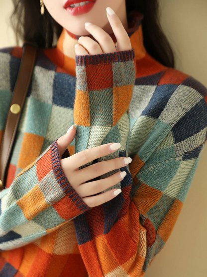 Loose high neck checkered knit sweater