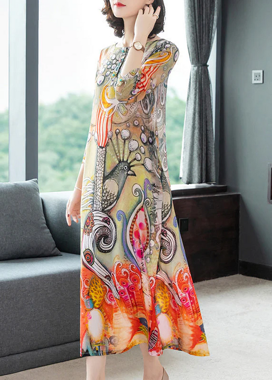 Women's Peacock Pattern Round Neck Printed Silk Vacation Dress Long Sleeve