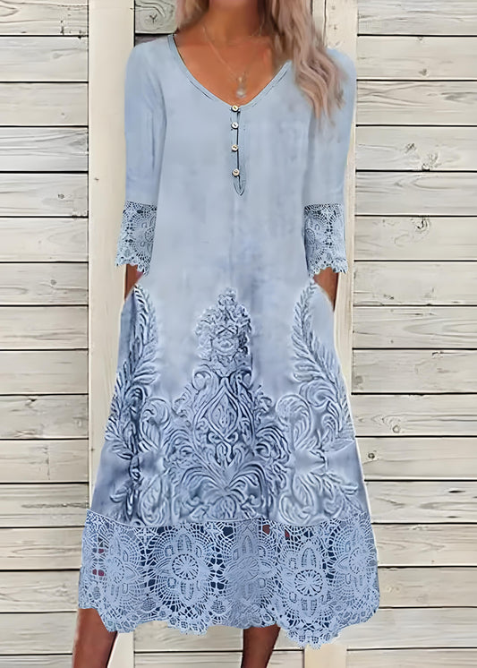 Women's Plus Size Blue Printed Pocket Lace Patchwork Long Half Sleeve Dress Spring
