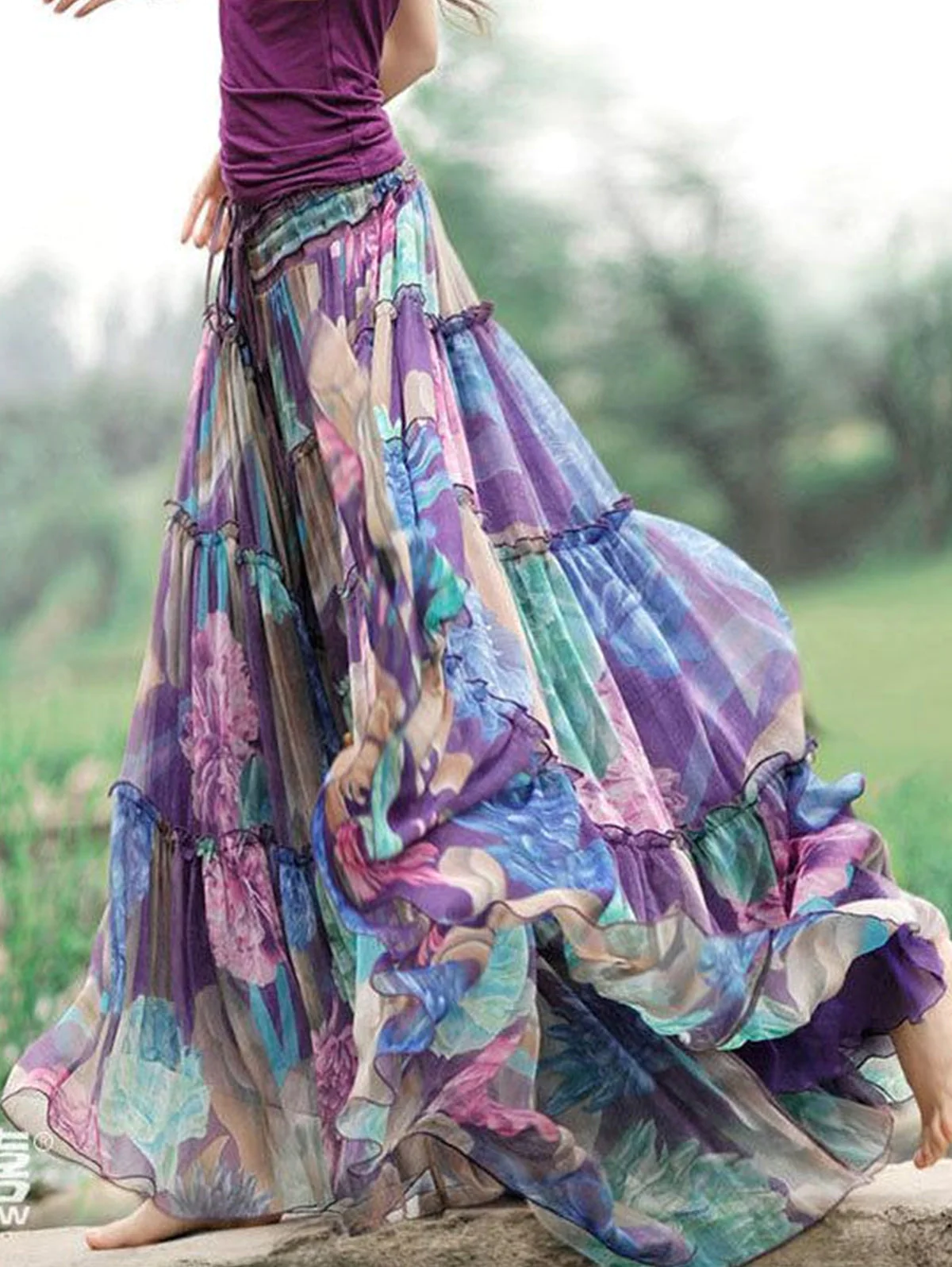 Floral Printed Drawstring Crinkle Cotton Hem Long Skirt