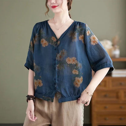 Elegant V-Neck Printed Cotton Short Sleeve Shirt Top