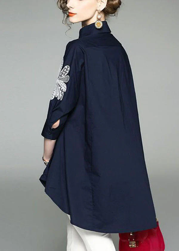French Pan Collar Embroidery Asymmetric Design Cotton Long Shirt Half Sleeve Top