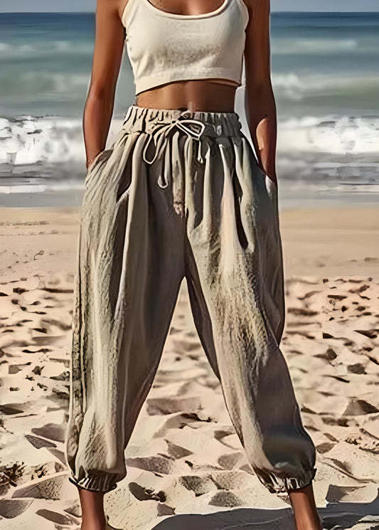Women's Gray Pocket Elastic Waist Drawstring Pants Spring