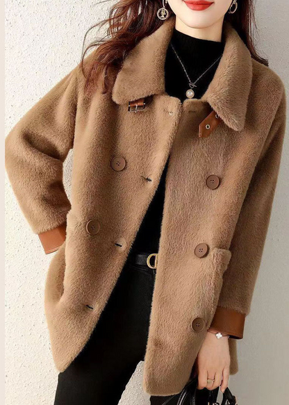 Women's Coffee Faux Fur Coat Peter Pan Collar Buttons