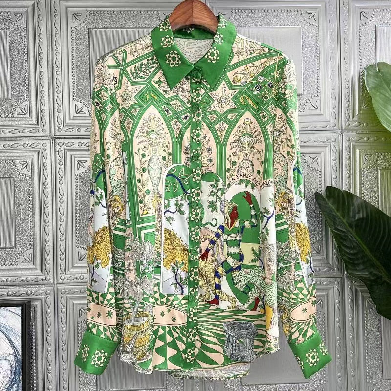 Elegant Printed Silk Lapel Long Sleeve Blouse Top