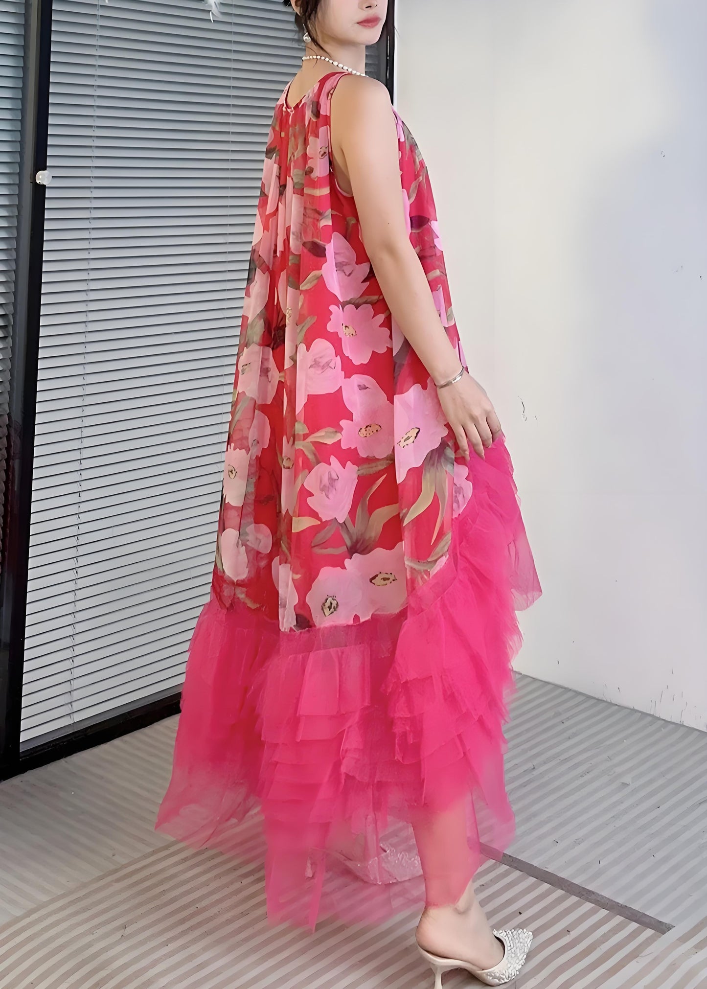 Women's Yellow Printed Ruffle Tulle Patchwork Sleeveless Dress