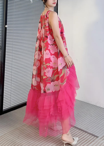 Women's Yellow Printed Ruffle Tulle Patchwork Sleeveless Dress