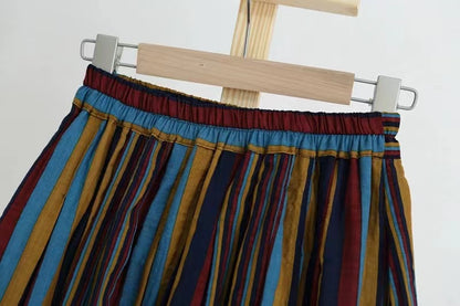 Vintage colorful oversized striped cotton A-line skirt