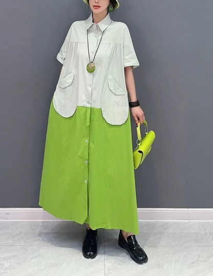 Fashion Big Patchwork Pocket Cotton Short Sleeve Shirt Dress