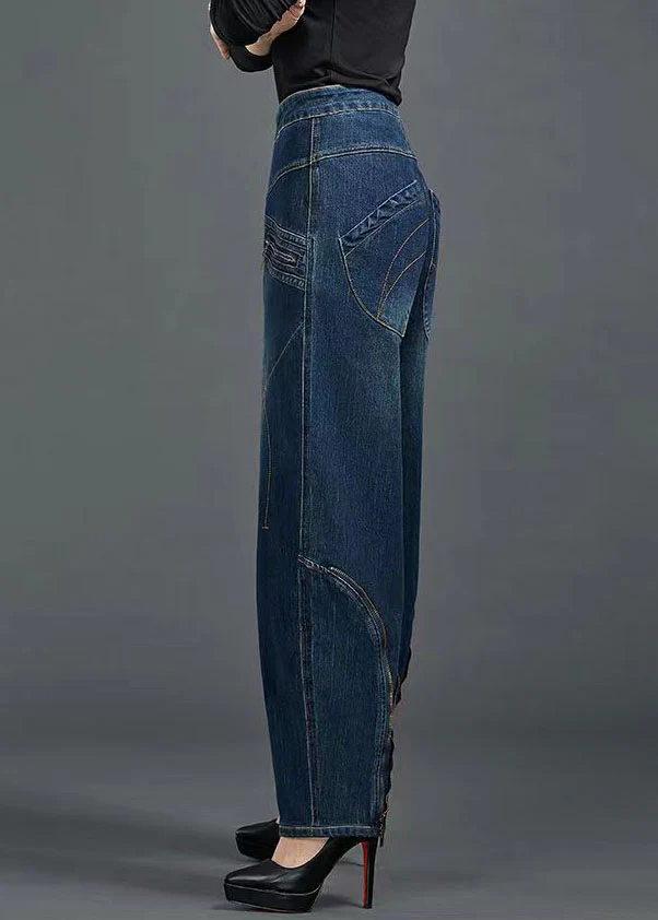 Organic cotton denim blue high waisted slim fit zipper pocket cotton jeans