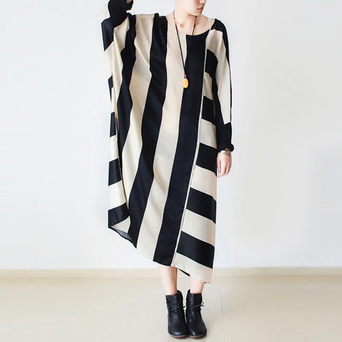 Striped Loose Dresses Long Gowns Oversized Cotton Dresses
