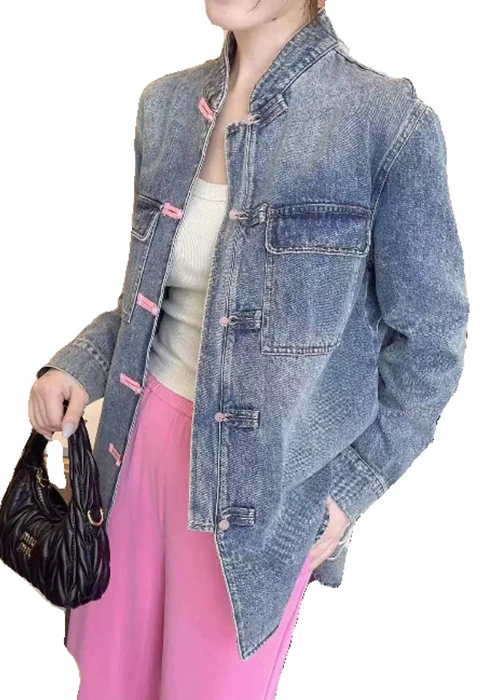 Chinese Embroidered Button Denim Jacket Long Sleeve