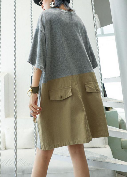 Women's Patchwork Large Pocket Cotton Dress Spring Summer