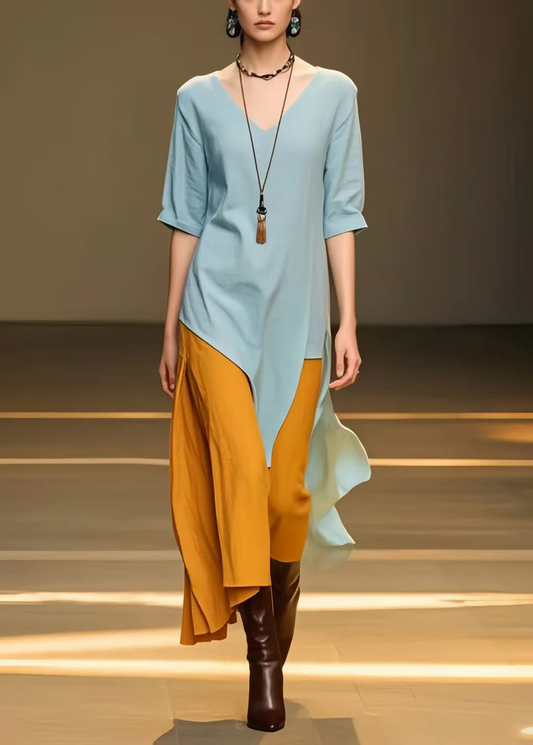 Women's Casual Fashion Blue Asymmetric Patchwork Cotton Long Skirt