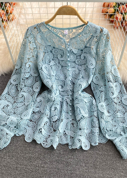 Women's Round Neck Hollow Corset Lace Top Long Sleeve Spring