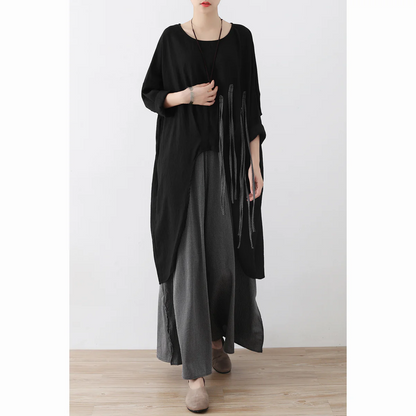 Black Fringed Cotton Blouse Oversized Women's Tops