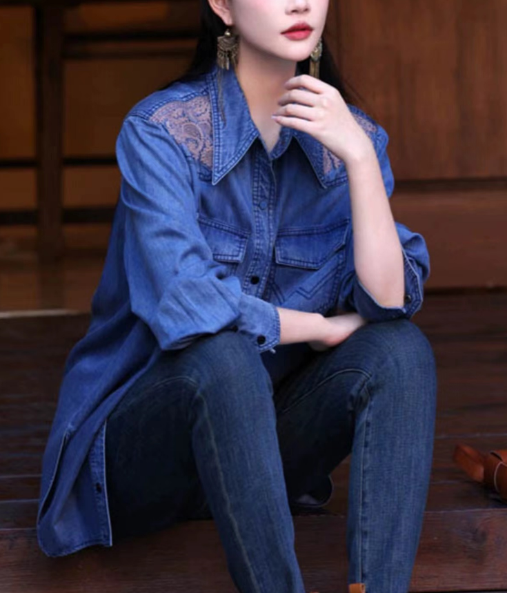 Elegant Embroidery Lapel Pocket Long Sleeve Shirt Denim Top