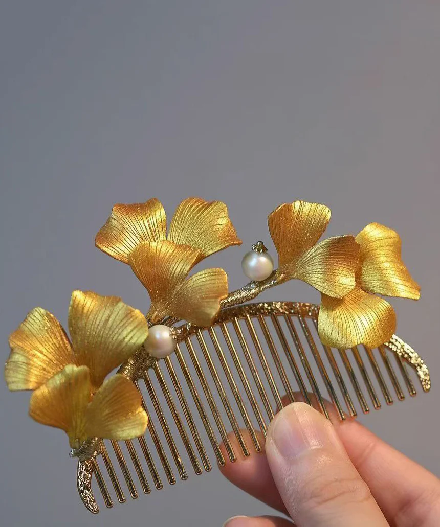 Women's Yellow Sterling Silver Gold Plated Ginkgo Biloba Hair Clips Hundred