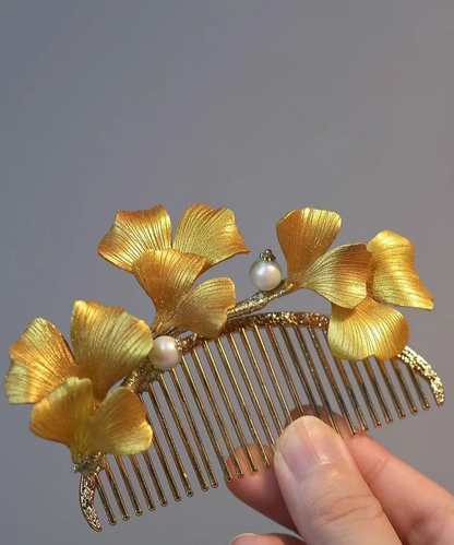 Women's Yellow Sterling Silver Gold Plated Ginkgo Biloba Hair Clips Hundred