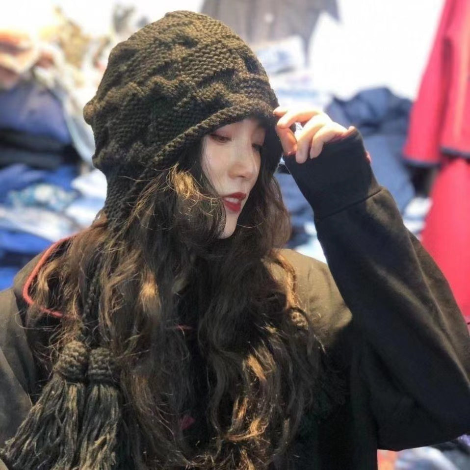 Fashion khaki tassel pigtail knit fall and winter hat