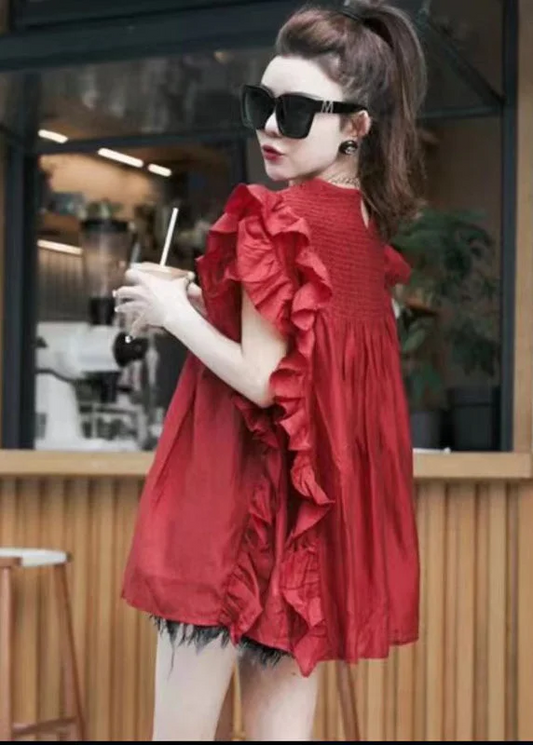Ruffle Trim Patchwork Chiffon Blouse