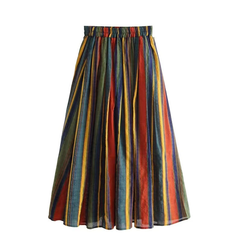 Colorblocked Striped Vacation Cotton A-Line Skirt