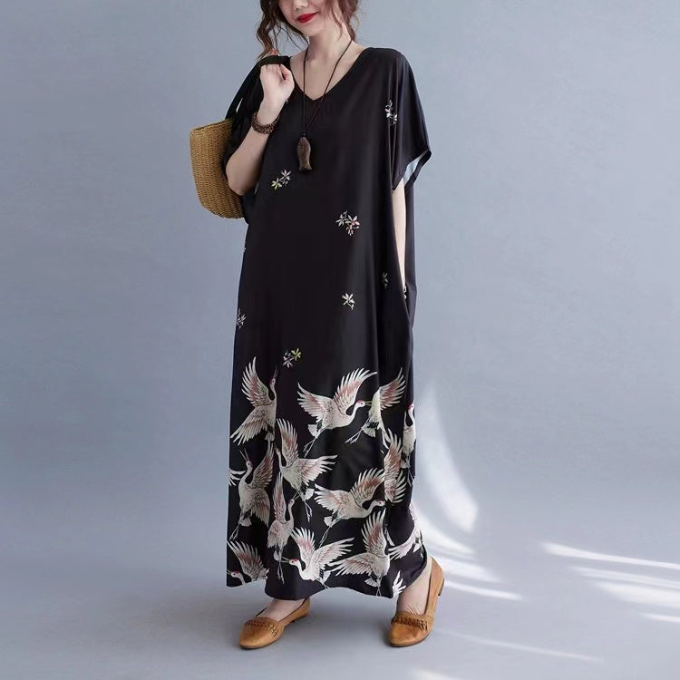 V-Neck Pocket Printed Short Sleeve Long Dress