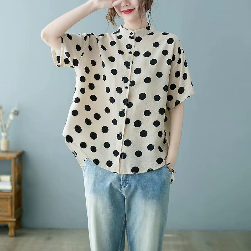 Plus Size Women's Stand Up Collar Polka Dot Short Sleeve Shirt Top