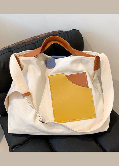 White Patchwork Canvas Tote Bag