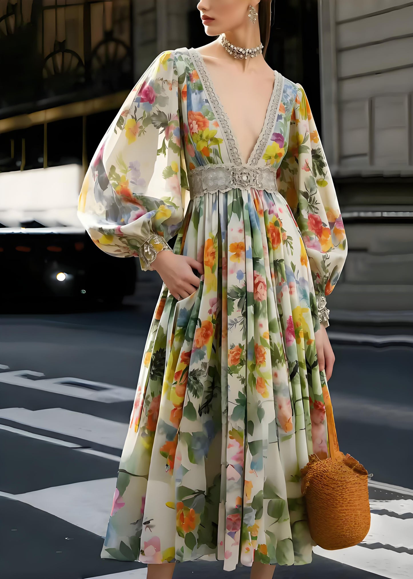 Women's Festive V-Neck Printed Party Dresses