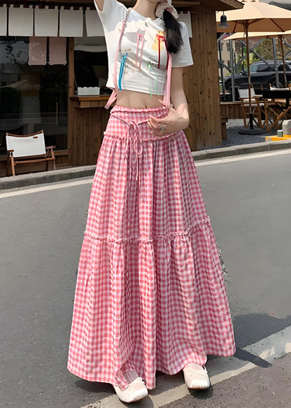 Women's Big Size Pink Ruffle Plaid Patchwork Cotton Half-body Skirt Summer