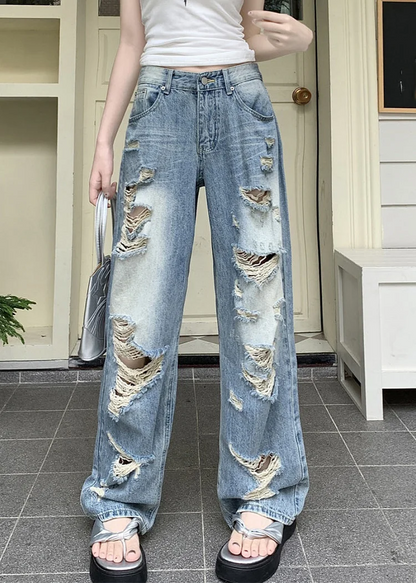 Women's Party Travel Blue Pocket Patchwork Ripped Jeans Spring