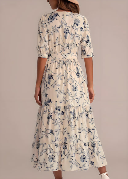 Women's V-Neck Printed High Waisted Cotton Dress