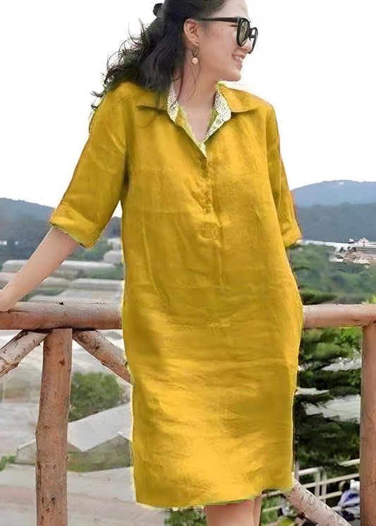 Women's Yellow Peter Pan Collar Patchwork Vacation Dress Summer