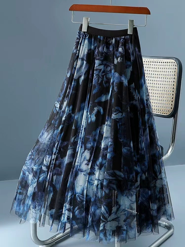 Fashion Mesh Printed Pleated Double Layered Hem Skirt