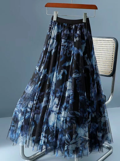 Fashion Mesh Printed Pleated Double Layered Hem Skirt