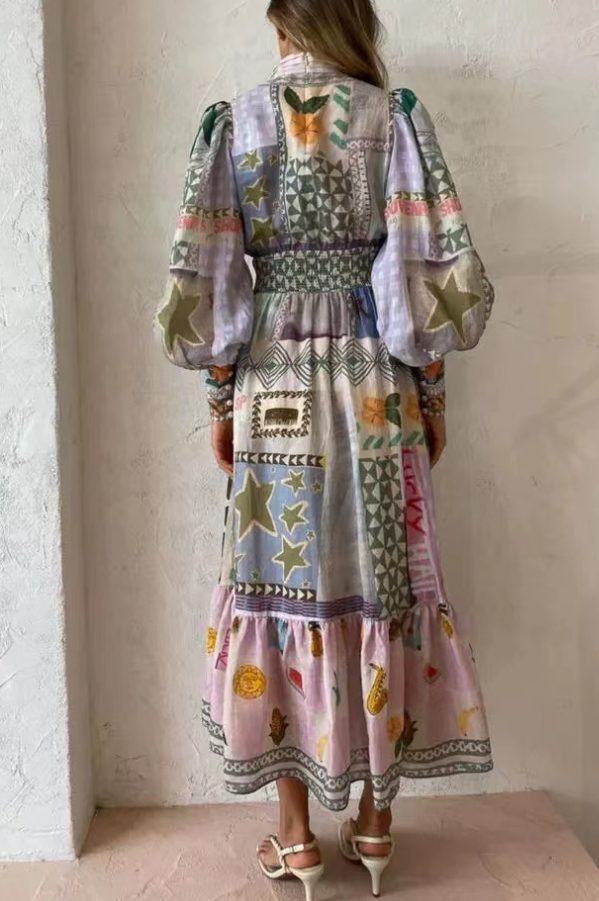 Elegant Printed Button Slim Waist Long Sleeve Long Dresses