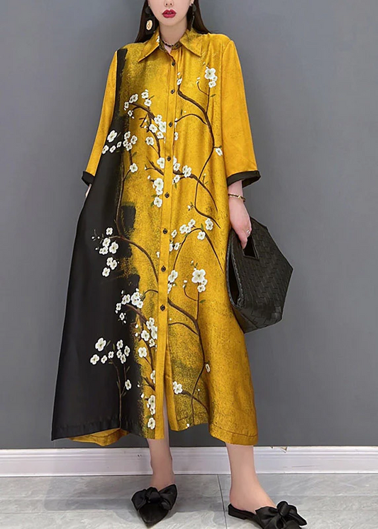 Women's Plus Size Yellow Peter Pan Collar Printed Button Silk Long Sleeve Dress Spring