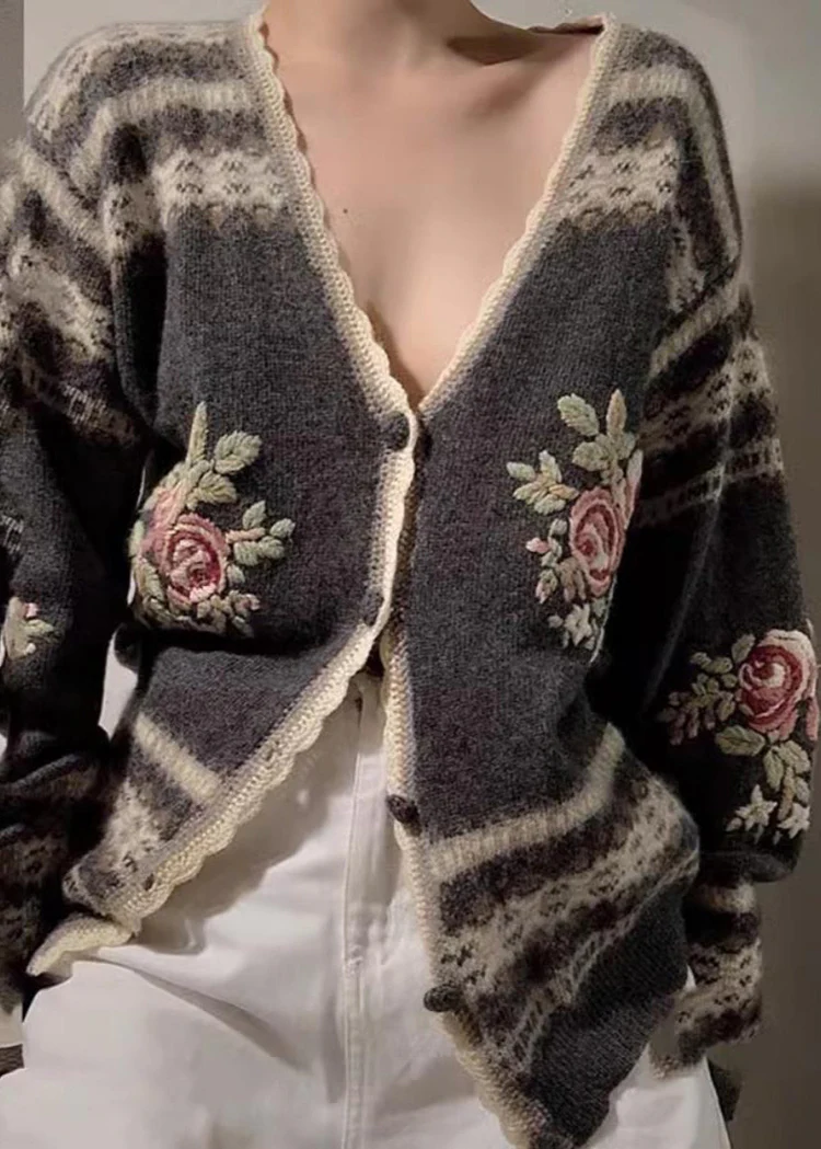 Women's Loose Embroidered Floral Knit Cardigan