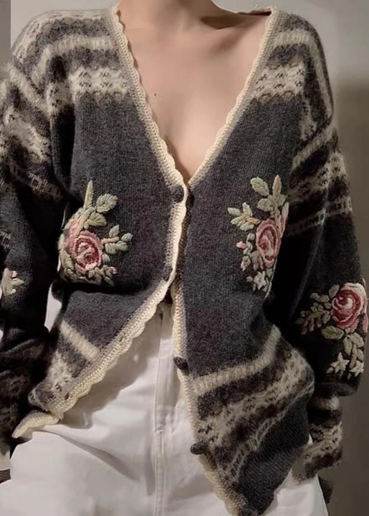 Women's Loose Embroidered Floral Knit Cardigan