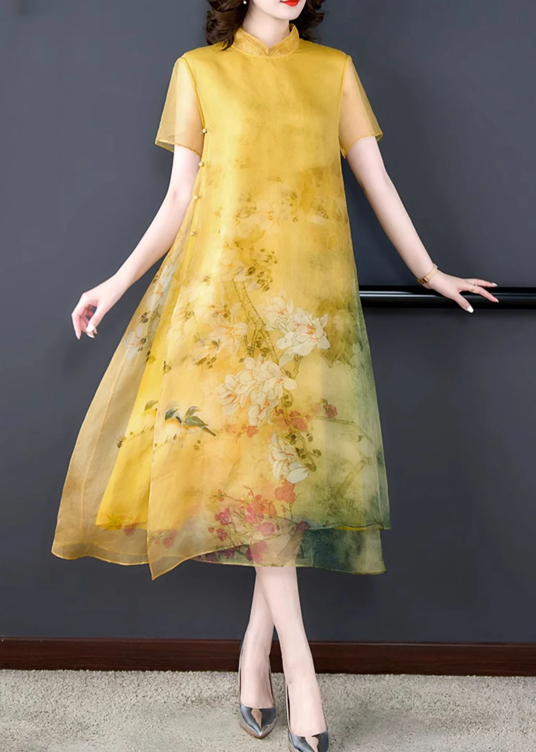 Chinese Style Party Yellow Standing Collar Button Printed Silk Maxi Dress