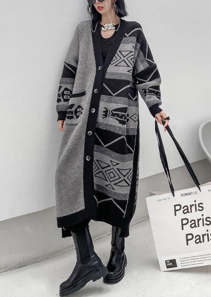 Women's Gray V Neck Asymmetric Design Printed Knit Long Jacket Long Sleeve Spring